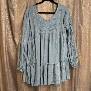 Free People Kiss Kiss Light Teal Boho Tunic Flowy Eyelet Dress Large